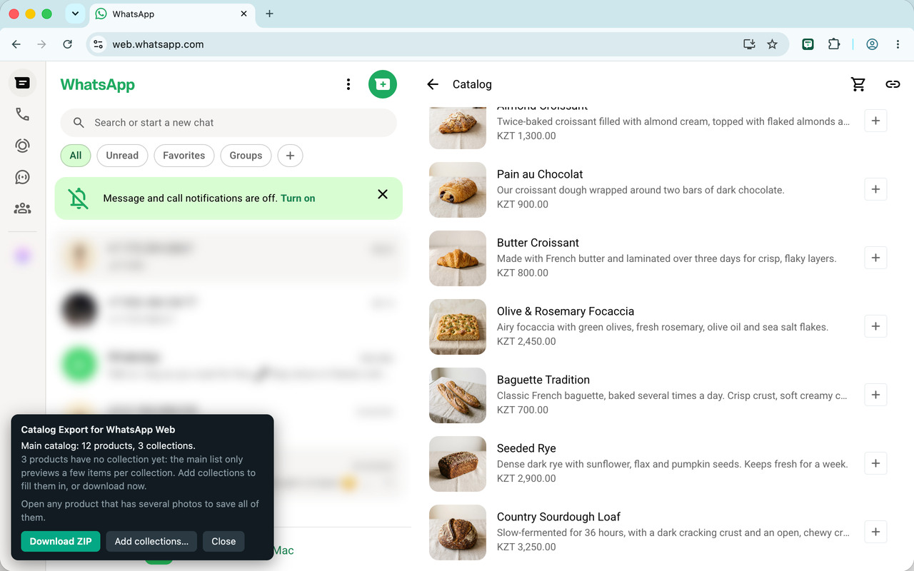 The extension's panel in WhatsApp Web: 12 products and 3 collections found, with a Download ZIP button