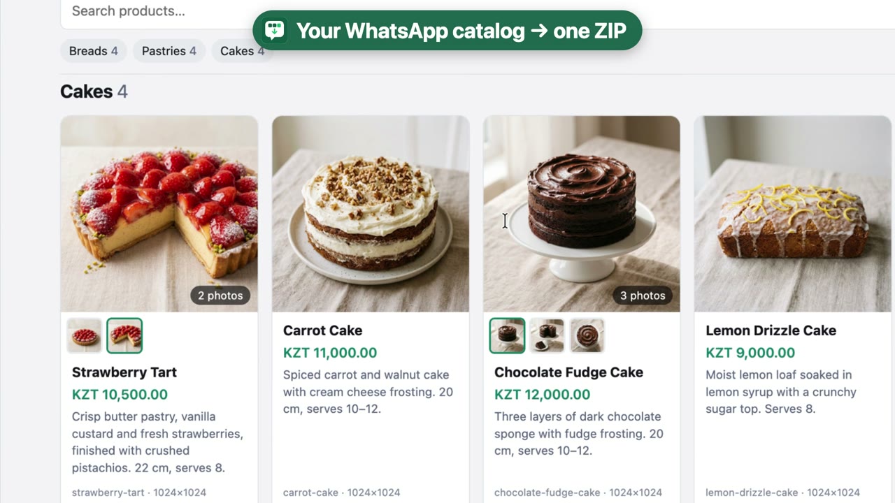 Video: an exported catalog open in the browser, with cakes, prices and photos